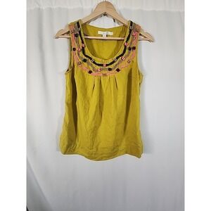 Boden Linen Ribbon Embroidered Sleeveless Top Pleated Yellow Chartreuse Women 6